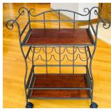 K - Metal and Wood Rolling Bar Cart with Wine Rack