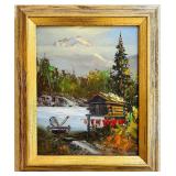 P - Framed Oil Painting of Lakeside Cabin Scene