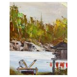 P - Framed Oil Painting of Lakeside Cabin Scene