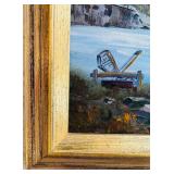 P - Framed Oil Painting of Lakeside Cabin Scene