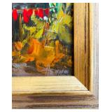 P - Framed Oil Painting of Lakeside Cabin Scene