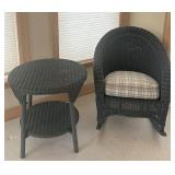 P - Wicker Rocking Chair with Plaid Cushion and Matching Side Table