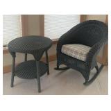 P - Wicker Rocking Chair with Plaid Cushion and Matching Side Table