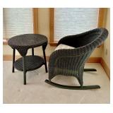 P - Wicker Rocking Chair with Plaid Cushion and Matching Side Table
