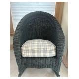 P - Wicker Rocking Chair with Plaid Cushion and Matching Side Table