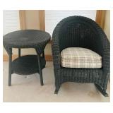P - Wicker Rocking Chair with Plaid Cushion and Matching Side Table
