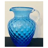 P - Vintage Optic Blue Glass Pitcher with Applied Clear Handle