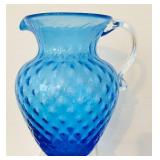 P - Vintage Optic Blue Glass Pitcher with Applied Clear Handle