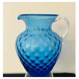 P - Vintage Optic Blue Glass Pitcher with Applied Clear Handle