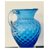 P - Vintage Optic Blue Glass Pitcher with Applied Clear Handle