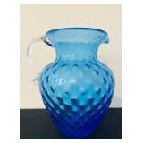 P - Vintage Optic Blue Glass Pitcher with Applied Clear Handle