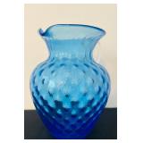P - Vintage Optic Blue Glass Pitcher with Applied Clear Handle