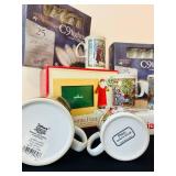 P - Christmas Holiday Mug Collection with Decor, C9 String Lights, Santa Frame, and Candle Snuffer