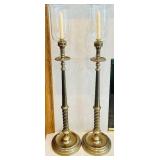 LR - Pair of Vintage 41-Inch Tall Brass Candle Holders with Glass Chimneys