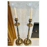 LR - Pair of Vintage 41-Inch Tall Brass Candle Holders with Glass Chimneys