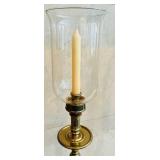 LR - Pair of Vintage 41-Inch Tall Brass Candle Holders with Glass Chimneys