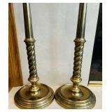 LR - Pair of Vintage 41-Inch Tall Brass Candle Holders with Glass Chimneys