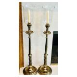 LR - Pair of Vintage 41-Inch Tall Brass Candle Holders with Glass Chimneys