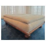 LR - Large Vintage Upholstered Ottoman with Wood Base and Bun Feet