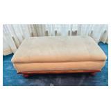 LR - Large Vintage Upholstered Ottoman with Wood Base and Bun Feet