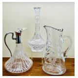 DR - Set of 3 Vintage Cut Glass Pitchers and Decanter, Tallest 12 Inches