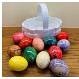 LR - Decorative White Ceramic Basket with 13 Assorted Marble Stone Eggs