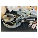 P - Collection of Pots, Pans, Knives, and Glass Bakeware Kitchenware Set