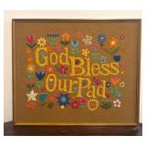 LLBR - Vintage Framed  "God Bless Our Pad" Needlepoint Art