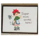 LL - Framed Embroidered Art Super Mom Works Here