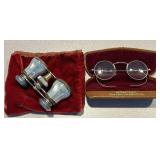 K - Antique Mother-of-Pearl Opera Glasses and Vintage Wire Frame Eyeglasses