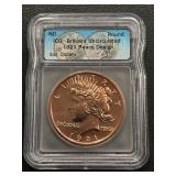 1 Ounce .999 Fine Copper 1921 Peace Design ICG