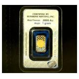 1 gram 9999 Gold bar, Sunshine Mint, Sealed in Assay