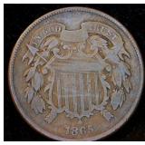 1865 2 Cent Piece, Fancy 5, Original Surfaces, VG