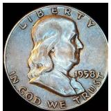 Key Date 1958 Franklin Half Dollar, VF, Original Surfaces