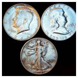(3) 90% Silver Half Dollars Incl Key 1955