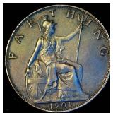 Uncirculated 1901 Great Britain Bronze Farthing, Original Surfaces