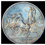 AU Silver 1916 Italy 2 Lire, Original Surfaces w/Near Full Luster, Spectacular Coin, .27oz ASW