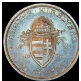 Uncirculated Silver 1938 Hungary 5 Pengo, Authentic Business Strike, Original Surfaces w/satin luster, .514 ASW