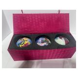 Set of Three Hand painted  4" Glass Ornaments in Decorative Box