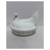 Hen On Nest Challinor Milk Glass Westmorland? Glass Eyes Painted Base 7"