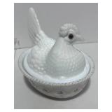 Hen On Nest Challinor Milk Glass Westmorland? Glass Eyes Painted Base 7"