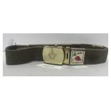 Vintage Boy Scouts Solid Brass Belt Buckle, Web Belt and 8 Assorted Metal Slide Medals