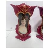 Pair of Fleur De Lys Victorian Lady Red Porcelain Vases