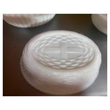 Three 5" Hen on Nests Milk Glass Blue and White Or Red Comb Westmoreland. One has chip