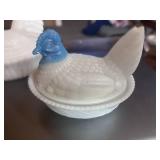 Three 5" Hen on Nests Milk Glass Blue and White Or Red Comb Westmoreland. One has chip