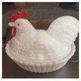Three 5" Hen on Nests Milk Glass Blue and White Or Red Comb Westmoreland. One has chip