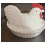 Three 5" Hen on Nests Milk Glass Blue and White Or Red Comb Westmoreland. One has chip