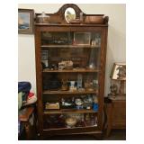 Vintage American Renaissance-style Oak Wood Curio Cabinet Open Bookcase with Ornate Mirrored Top Shelf 5-shelf