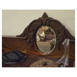 Vintage American Renaissance-style Oak Wood Curio Cabinet Open Bookcase with Ornate Mirrored Top Shelf 5-shelf