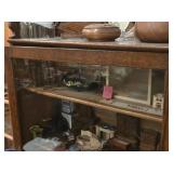 Vintage American Renaissance-style Oak Wood Curio Cabinet Open Bookcase with Ornate Mirrored Top Shelf 5-shelf